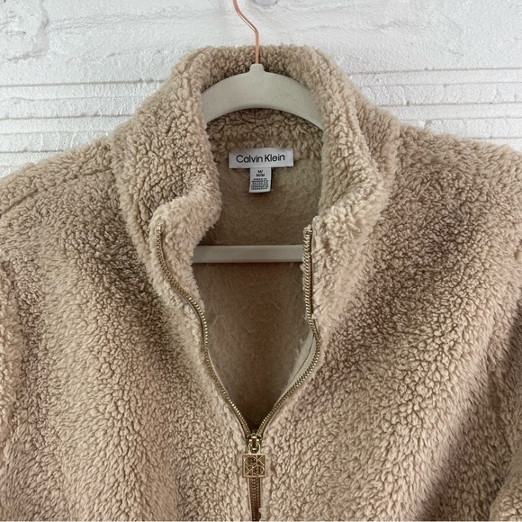 Calvin Klein Tan Zip Front Faux Fur Sherpa Teddy Jacket Gold Details Size M - Picture 2 of 15